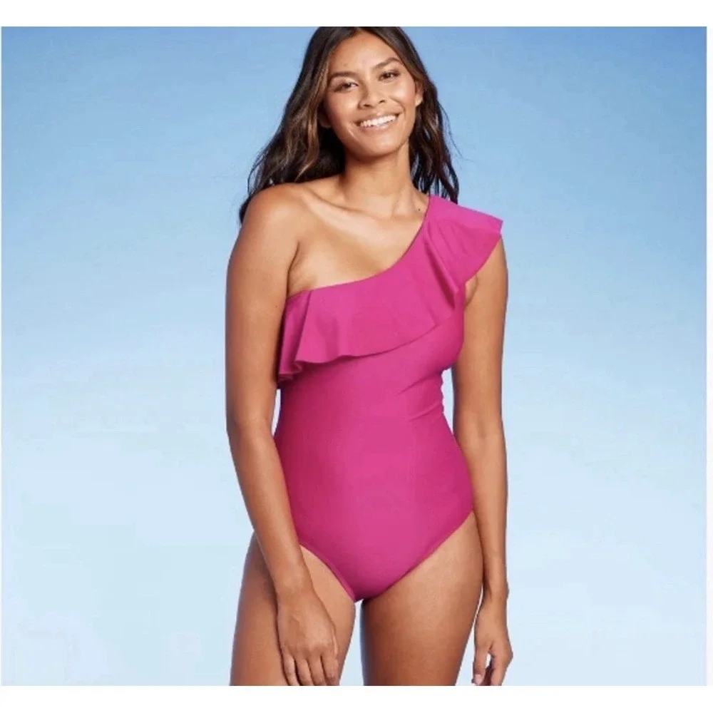 Women's Ruffle One Piece Swimsuit One Shoulder Pink Medium 8-10 Kona Sol NWT